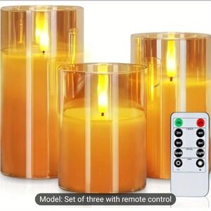3 Pack Gold Glass Flameless LED Candles with Remote Battery Operated Flickering